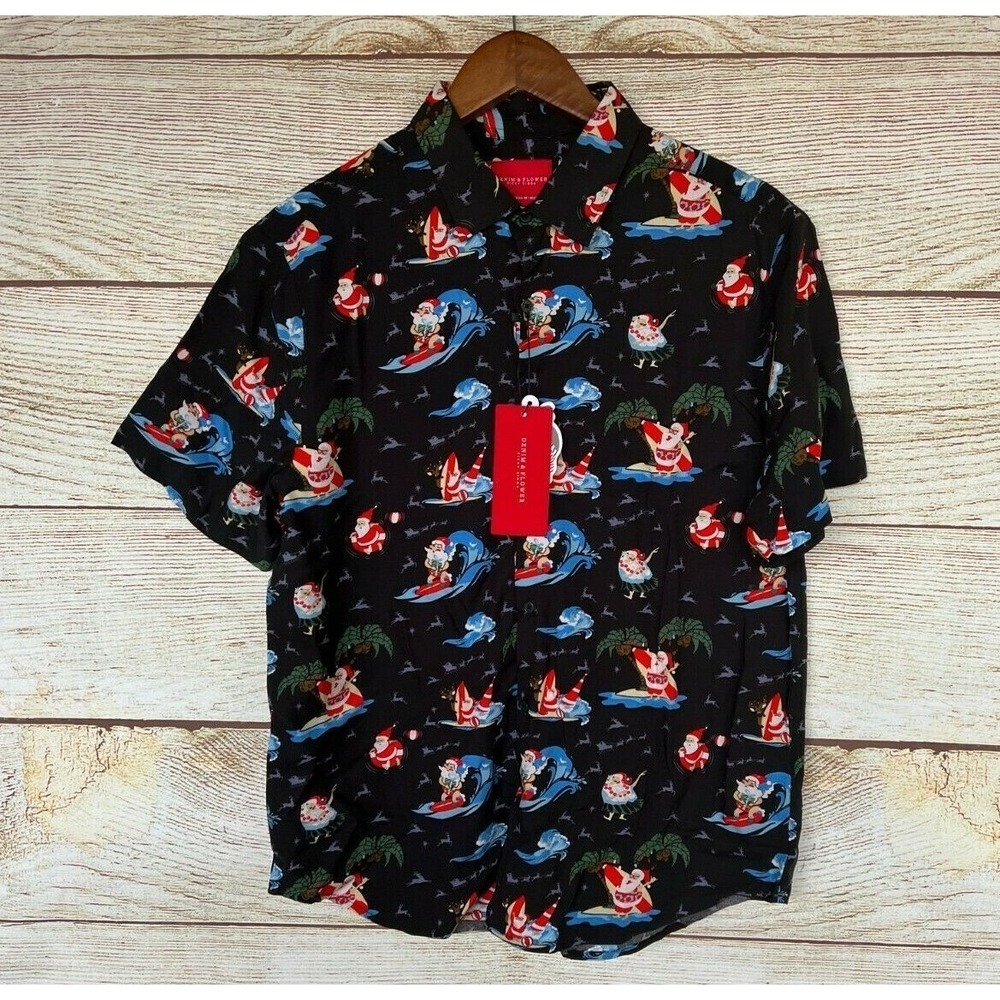 Christmas Shirt Denim & Flower Ricky Singh Mens Medium Santa Slim Rayon New - Picture 1 of 3